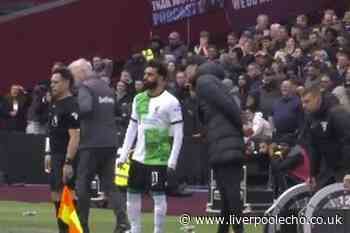 Jurgen Klopp and Mohamed Salah argue on the touchline just moments after West Ham score vs Liverpool