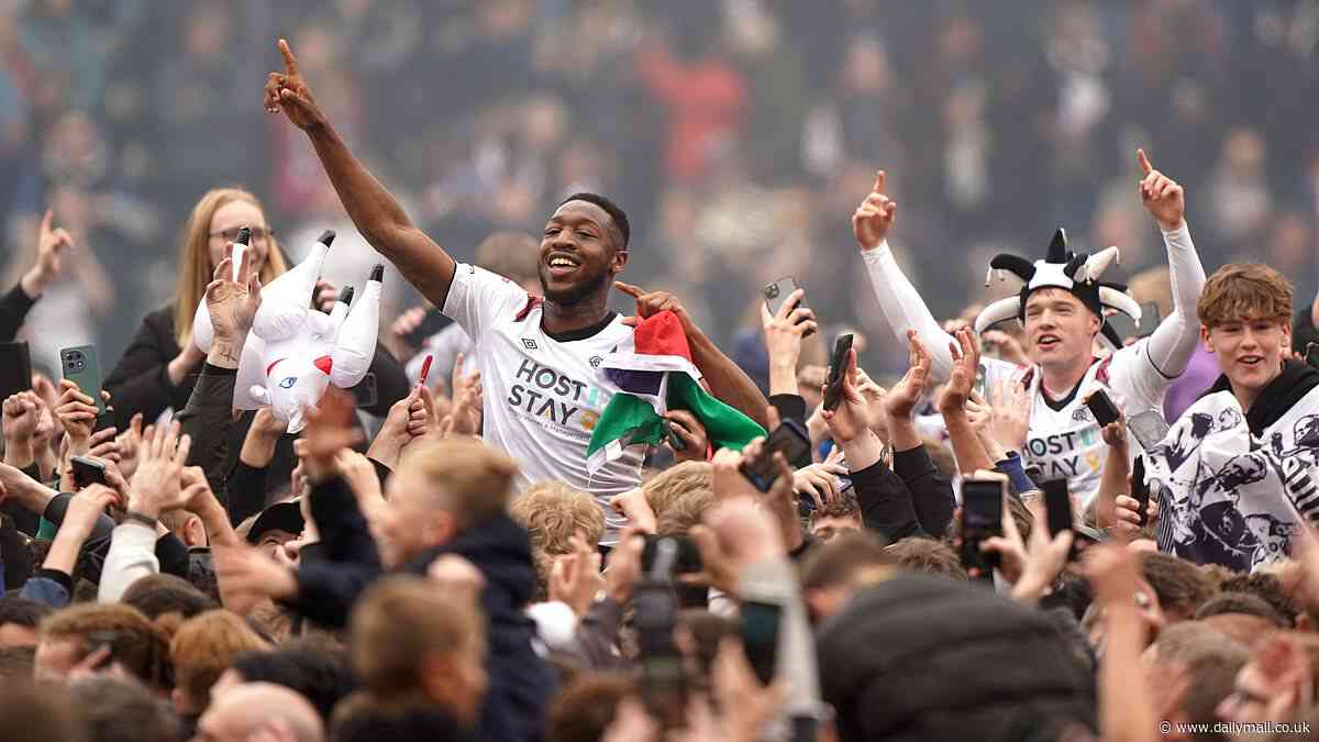 Thousands of jubilant Derby fans celebrate promotion back to the Championship with mass pitch invasion after win over Carlisle saw Rams take second ahead of Bolton