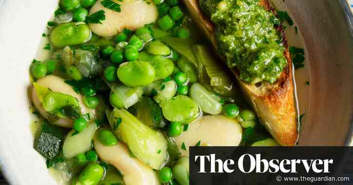 Nigel Slater’s recipes for green vegetable stew with basil pesto toasts, and asparagus with melted cheese