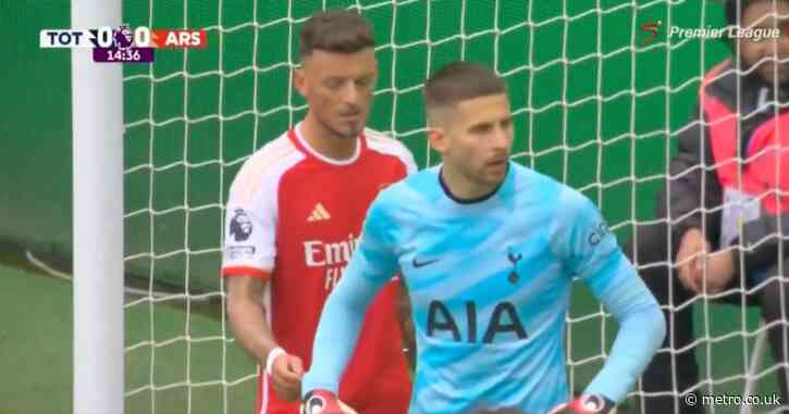 Arsenal star Ben White caught trying to loosen Vicario’s gloves before Pierre-Emile Hojbjerg own goal