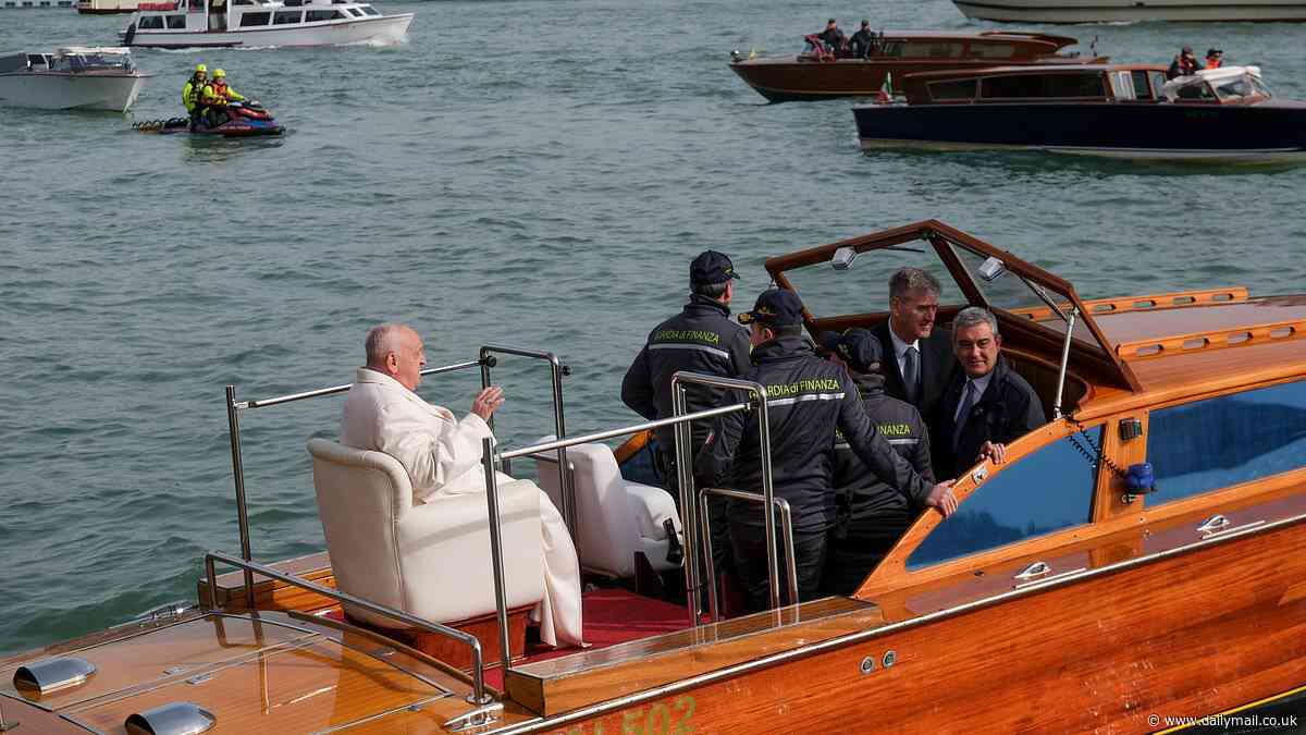 Pope on a boat!: Francis visits Venice and is seen enjoying a canal tour after asking worshippers to 'pray for him' following health battle which saw 87-year-old pull out of Good Friday procession