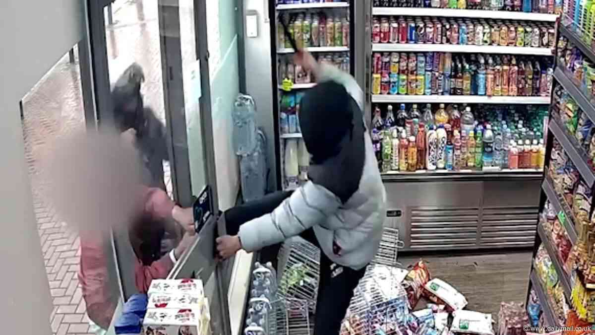 Moment quick-thinking shop keeper turns the tables on machete welding thugs by trapping them inside his store mid-robbery