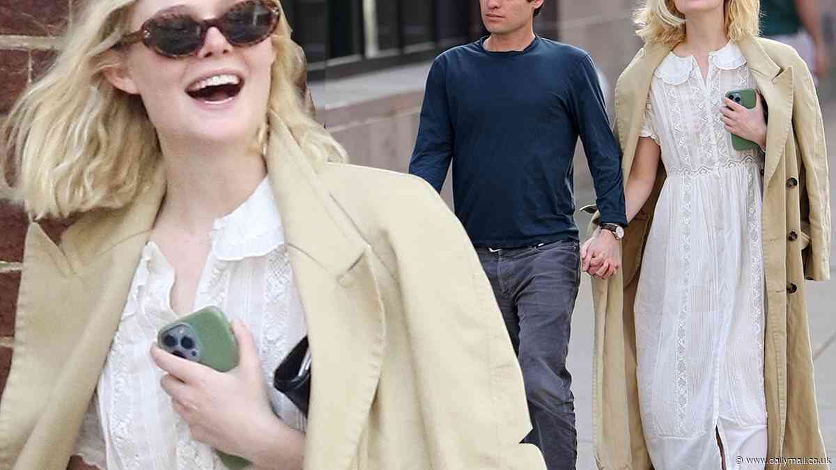 Elle Fanning and boyfriend Gus Wenner spotted walking hand in hand through New York City... as she enjoys a break from filming the Bob Dylan biopic A Complete Unknown with Timothée Chalamet