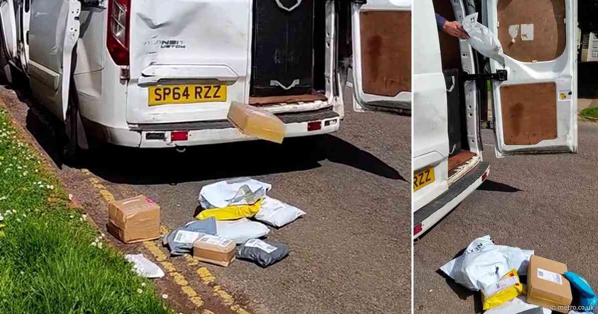 Evri driver carelessly throws parcels from his van into the gutter