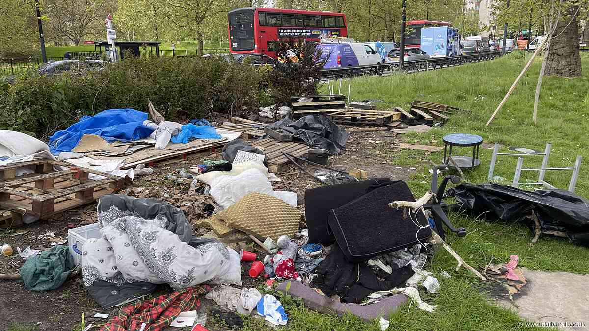 Homeless migrant camp leave behind piles of rubbish including duvets and plastic bottles as they move tented village to London's exclusive Mayfair