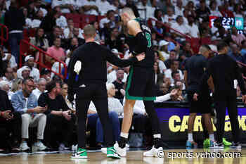 NBA playoffs: Celtics cruise to Game 4 win over Heat, lose Kristaps Porzingis to calf injury