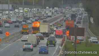 Pothole leads to flat tires for a dozen motorists on Hwy. 401 in Toronto