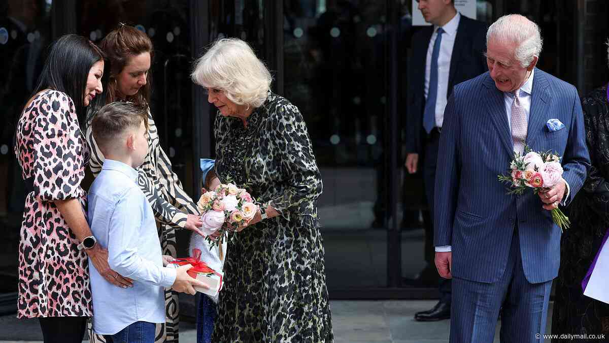 A gift from the King! Young cancer sufferer, 11, tells of his excitement as he's handed presents from Charles and Camilla outside hospital - after monarch met and held hands with chemotherapy patients on return to public duties