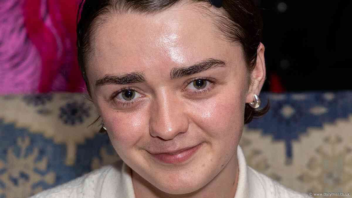 Make-up free Maisie Williams cuts a casual figure in white cardigan adorned with colourful animal shapes and a mini dress at Love Lies Bleeding screening after party