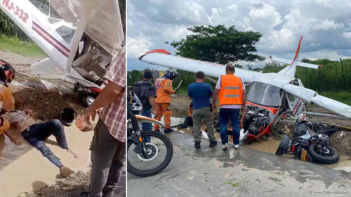 Plane making emergency landing in Colombia crashes into biker on road leaving him with serious injuries
