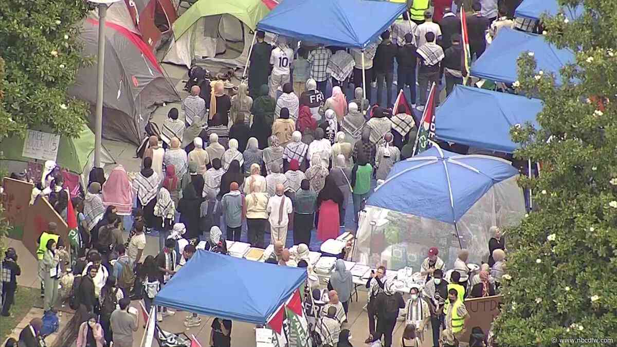 Pro-Palestine protestors gather in an encampment at UT Dallas Wednesday