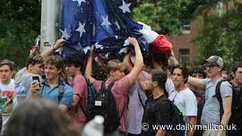 Frat boys at UNC Chapel Hill surround American flag in protection as pro Palestine mob runs wild