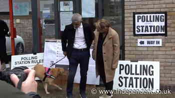 Sadiq Khan and his dog arrive at polling station as London mayor casts vote in local election
