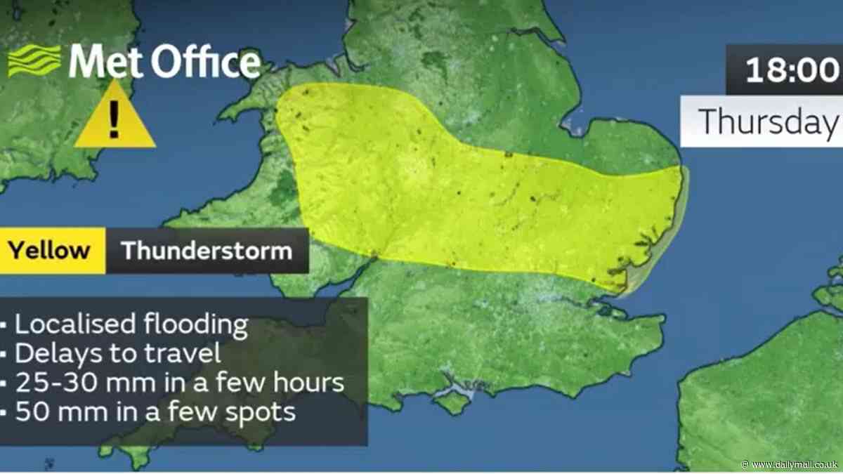 Britain faces another 12 hours of thunderstorm chaos: Met Office issues urgent weather warning from noon until midnight with torrential rain set to cause rush hour mayhem after 35,000 lightning bolts struck UK overnight