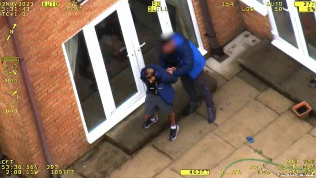 Dramatic moment drug-dealer nicknamed 'Greeneyes' crashes car during 90mph chase before he's caught by police helicopter hiding in a nearby garden