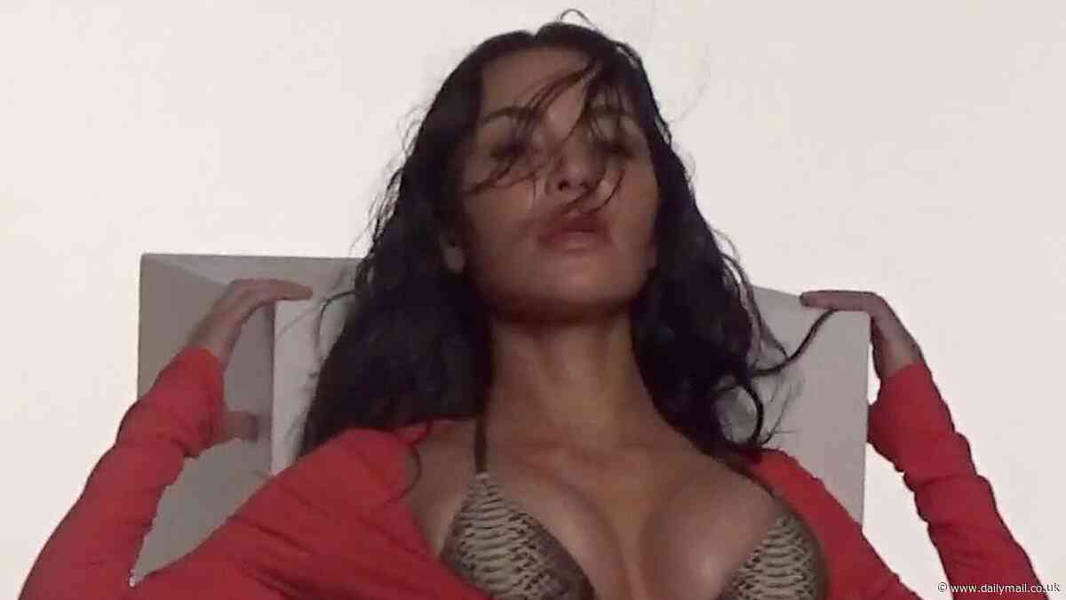 Kim Kardashian flaunts her famous curves in barely-there swimsuits as she shares behind-the-scenes snaps from her SKIMS photo shoot