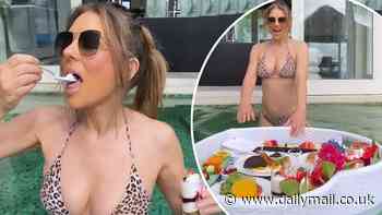 Elizabeth Hurley, 58, shows off her incredible figure in a leopard print bikini as she indulges in a floating breakfast while in the Maldives