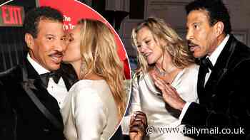 Braless Kate Moss, 50, lets her hair down and plants a kiss on Lionel Richie as she parties the night away at the King's Trust Global Gala in NYC