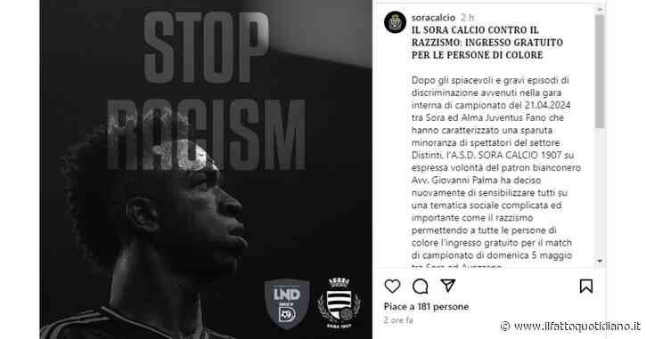 Il Sora Calcio contro il razzismo: “Ingresso gratuito a tutte le persone di colore”. L’iniziativa del club di Serie D