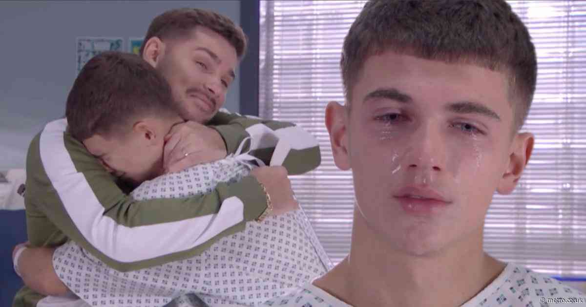 Hollyoaks favourite Lucas Hay sobs in dad Ste’s arms as he comes out in powerful scenes: ‘I’m gay!’