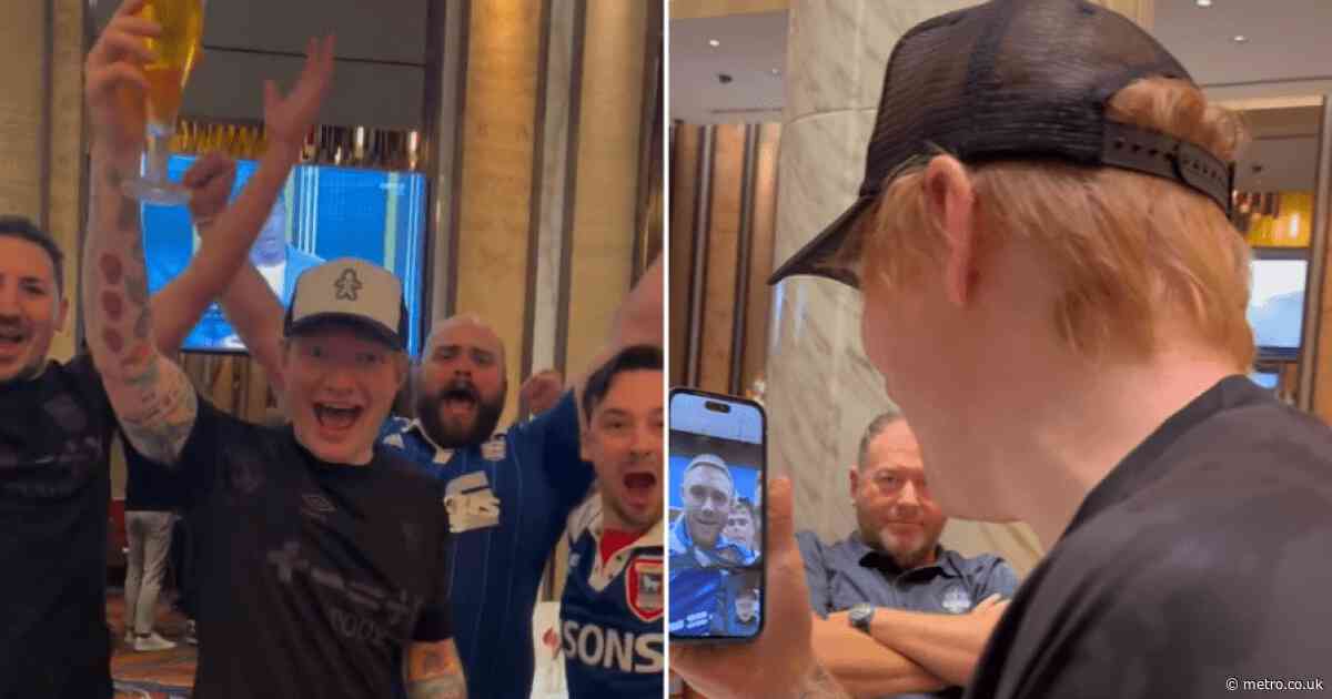 Ed Sheeran celebrates Ipswich Town promotion from Miami with video call to jubilant squad