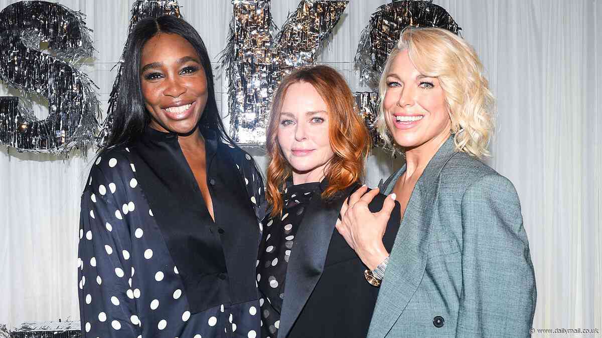 Venus Williams is chic in polka dot suit while joined by Hannah Waddingham during the launch of Saks and Stella McCartney's Stellabration capsule collection in New York City