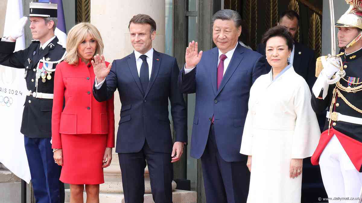 Macron is accused of 'flattering tyrants' and 'rolling out the red carpet' for Chinese President Xi Jinping as two leaders pose for photos with their wives at the Elysee Palace