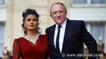 Salma Hayek exudes old Hollywood glamour in red gown as she attends state dinner in honour of China's President at Paris' Elysee Palace with husband Francois-Henri Pinault