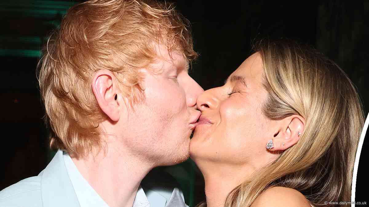 Ed Sheeran packs on the PDA with giggling wife Cherry Seaborn before getting a playful smooch from longtime pal Chris Hemsworth