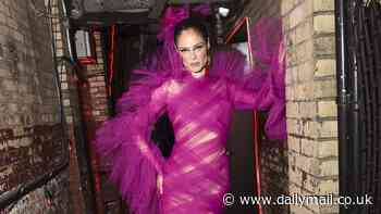 Coco Rocha poses up a storm in a magenta pink chiffon gown at the Mulberry bar at Met Gala afterparty