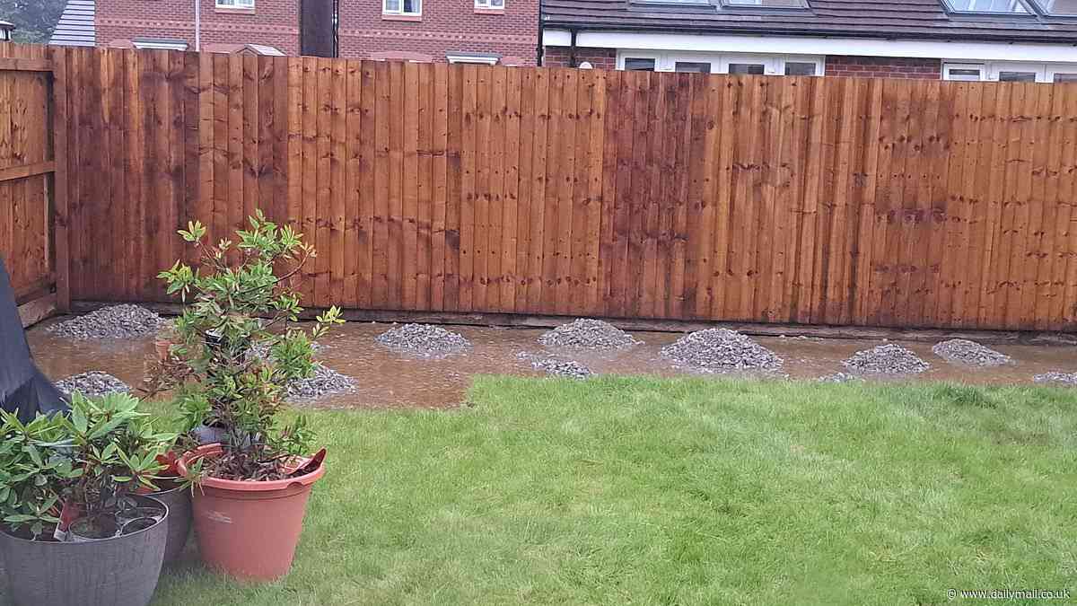 Our new-build homes flood every time it rains - because developers forgot to add drains! Residents 'heartbroken' that waterlogged gardens have ruined their pristine patios and carpets