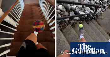 Footballer takes keepie uppies to new level going up and down stairs – video