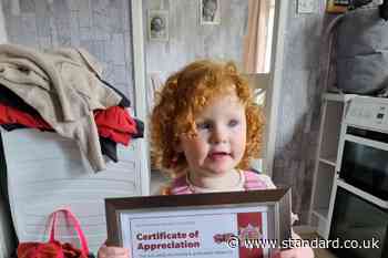 Two-year-old honoured for quick-thinking after neighbours saved from fire