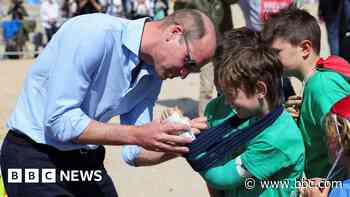 Prince William signs child's cast on beach visit
