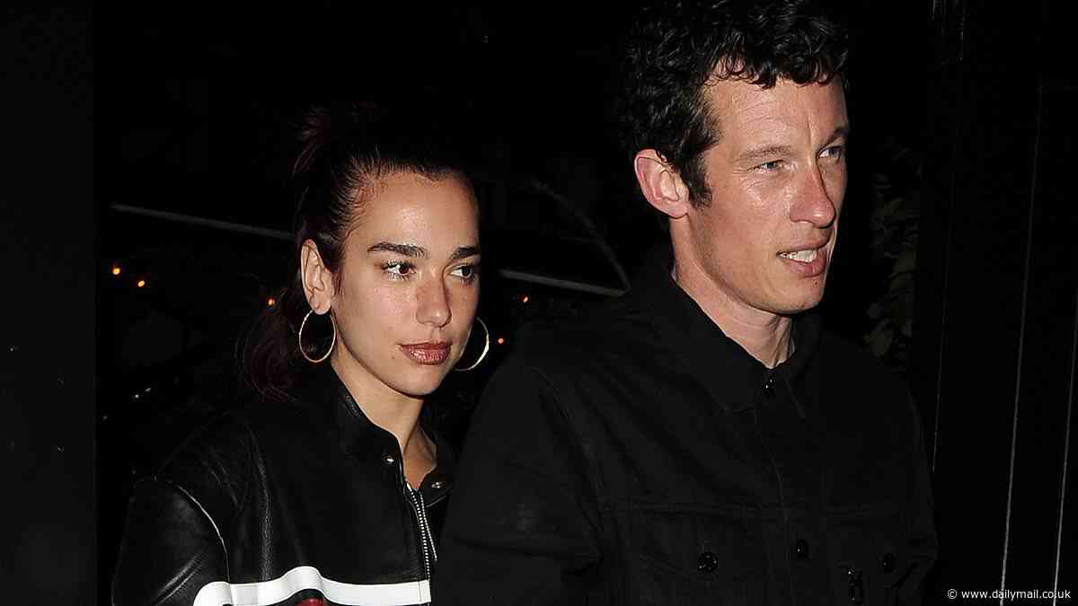 Dua Lipa looks edgy in a biker jacket and Gucci logoed trousers as she and Callum Turner hold hands during a late night exit from London hotspot