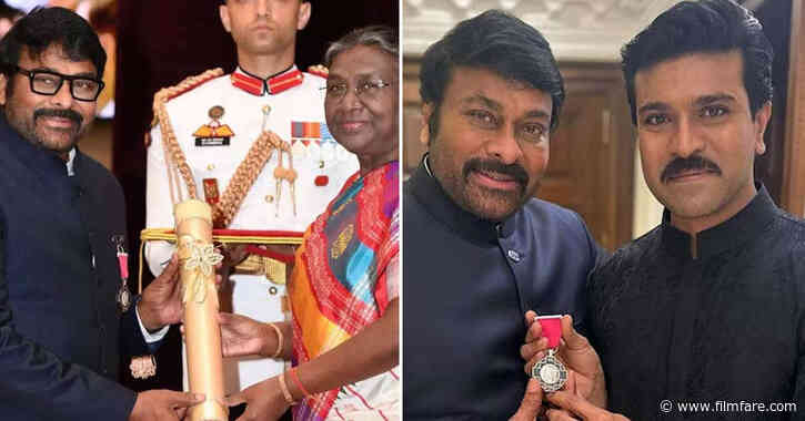 Ram Charan poses with pride with his father Chiranjeevis Padma Vibhushan
