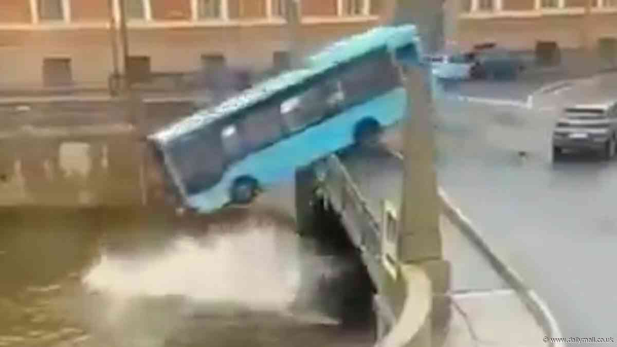 Horrifying moment out-of-control bus smashes into a car then plunges off a bridge into a river with 20 passengers on board, killing seven before others are rescued from submerged vehicle in St Petersburg