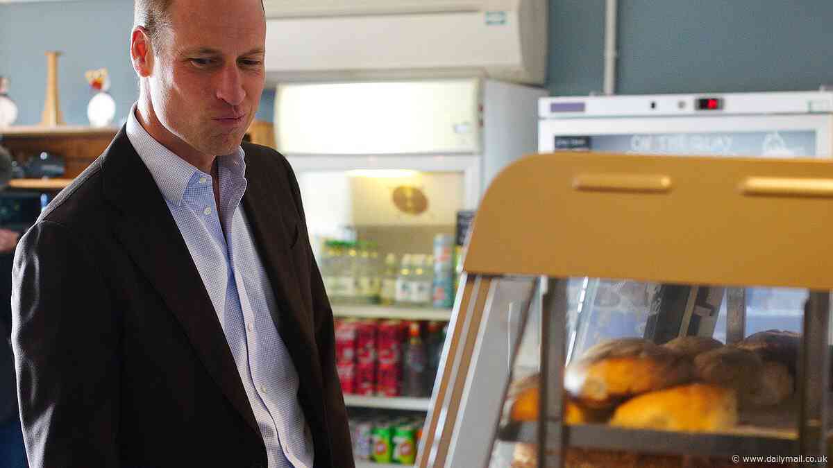 Prince William snaps up five Cornish pasties for Kate, George, Charlotte and Louis during his tour of the Isles of Scilly - and says he also enjoyed a morning dip