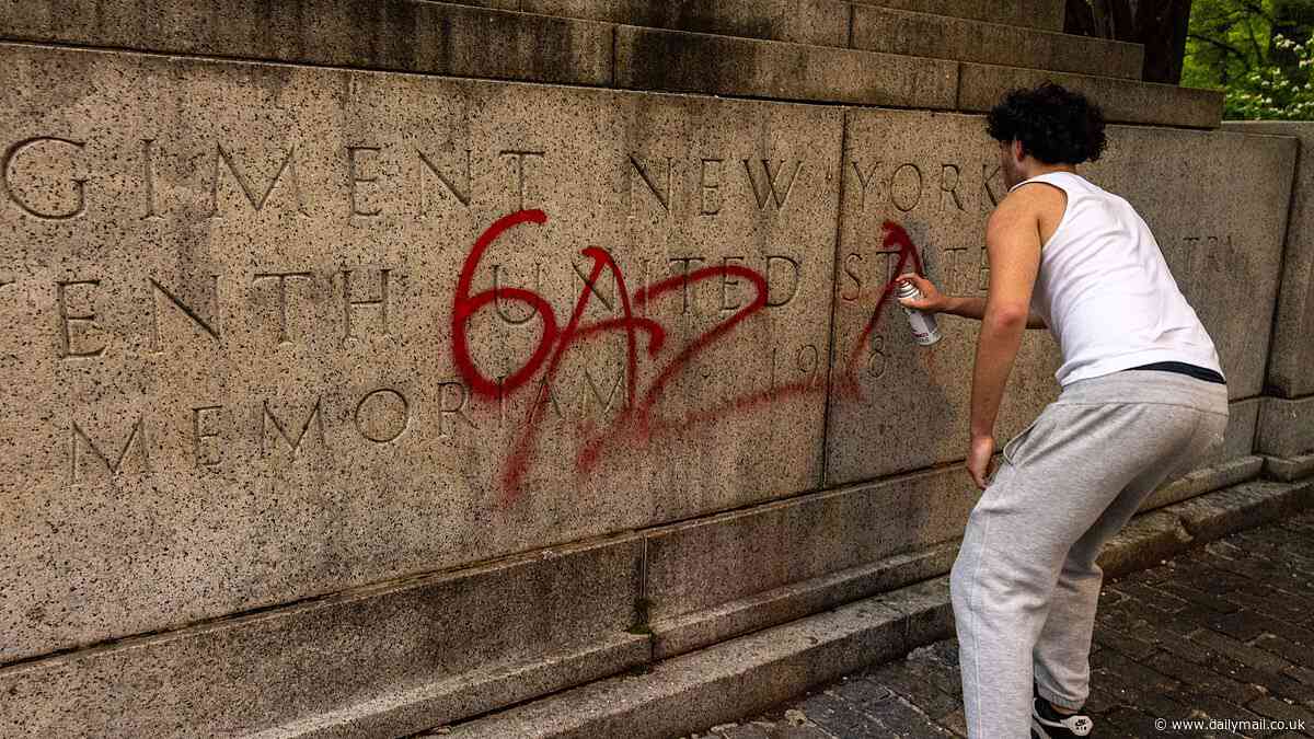 Teen anti-Israel protestor is arrested for defacing WWI memorial in Central Park as mayor offers to personally fund reward for help locating other vandals