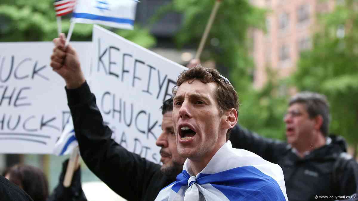 Pro-Israel protestors descend on Chuck Schumer's home and boo politician mercilessly calling him 'Keffiyeh Chuckie' as Jewish man viciously attacked for wearing kippa speaks out