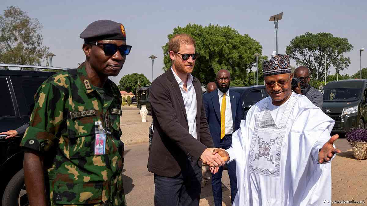 Prince Harry flies to Nigerian no go zone famed for armed bandits and kidnappers but leaves Meghan 120 miles behind him after couple enjoyed action packed rockstar welcome to country on their 'quasi royal tour