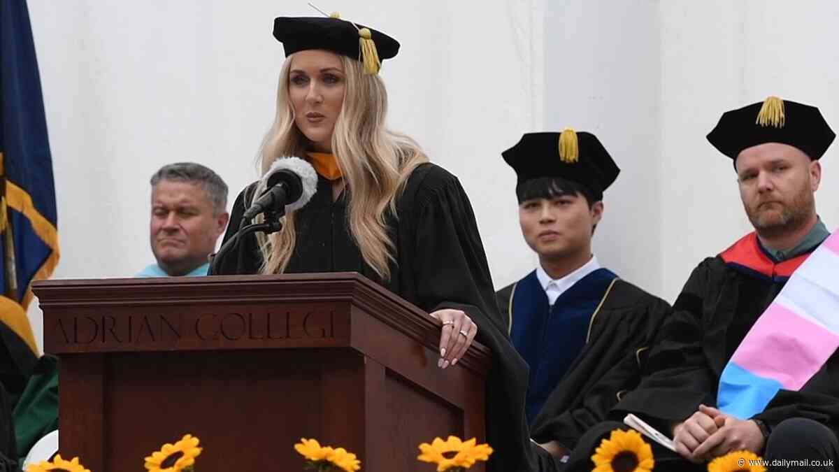 Riley Gaines lashes out at 'cowardly' college administrator who draped himself in trans flag after she took to podium to give commencement speech - and removed it before she turned around
