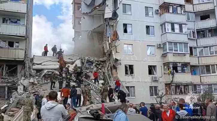An apartment block collapses in a Russian border city after heavy shelling, with deaths reported