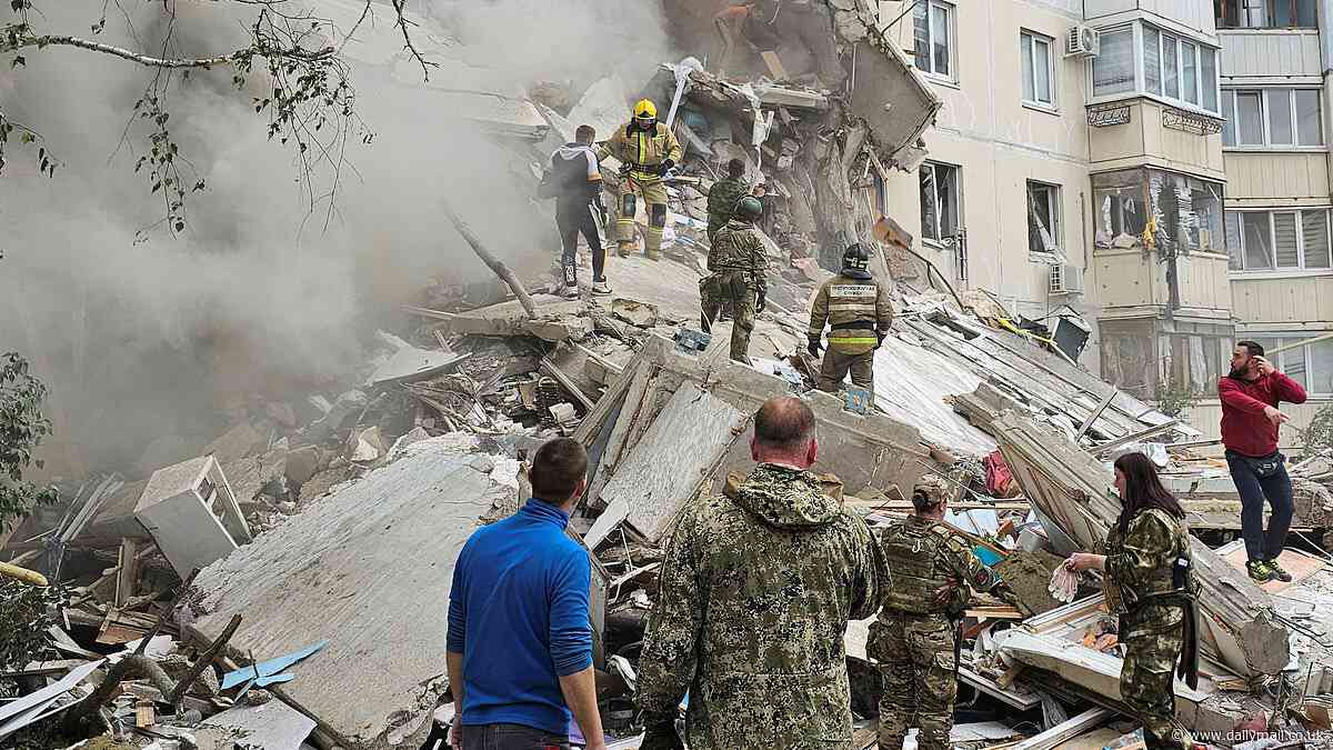 Terrifying moment Russian apartment block collapses after blast by 'Ukraine strike' on Russian border city - leaving 'seven dead' and several others wounded