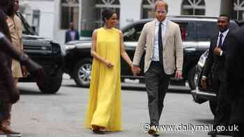 Meghan brings the sunshine! Duchess visits Lagos State Governor's House with Harry in a stunning yellow dress as she honours her Nigerian roots by ditching neutral colours for bright tones - after arriving for day three of 'quasi-royal' tour
