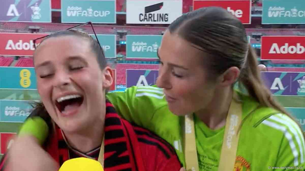 'She has to party!': Man United goalkeeper Mary Earps gatecrashes Ella Toone's post-match interview in jubilant scenes after the club secured FA Cup glory with a 4-0 win over Tottenham
