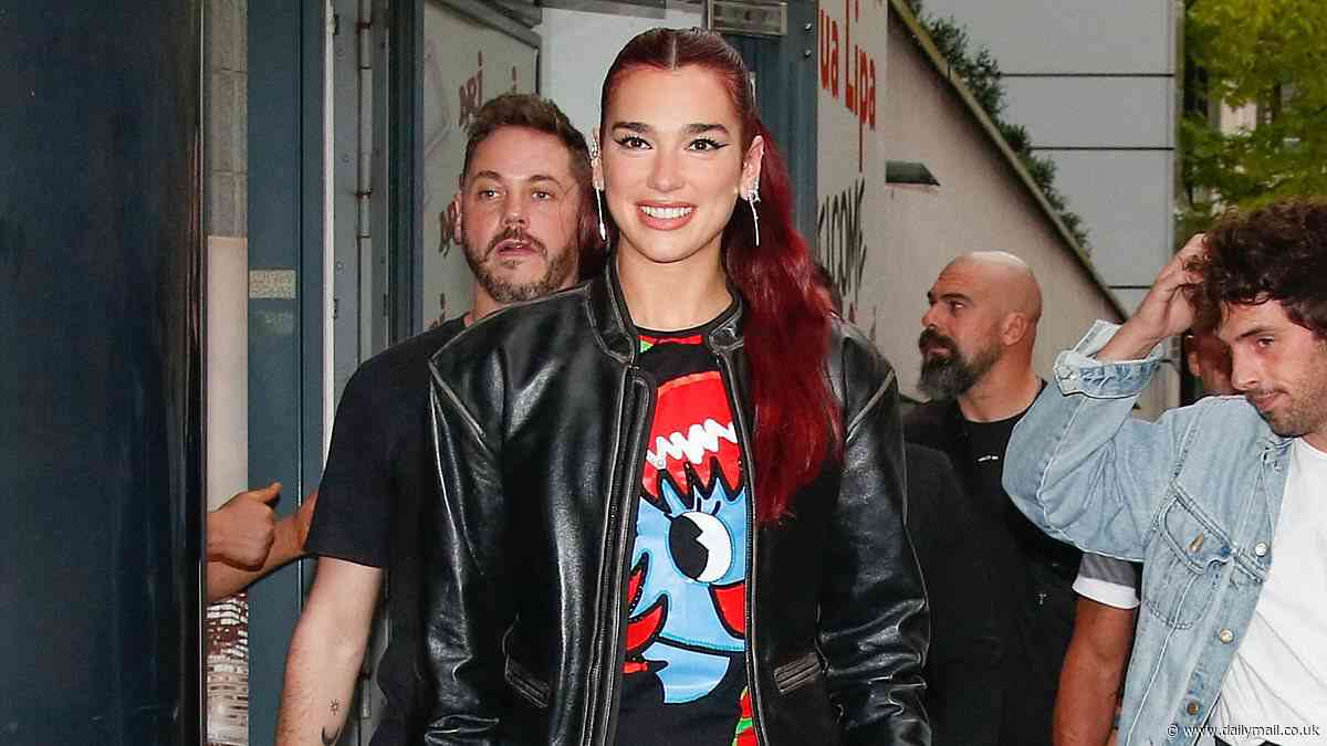 Dua Lipa looks edgy in a biker jacket and blue denim jeans as she arrives in Paris to promote her latest album Radical Optimism