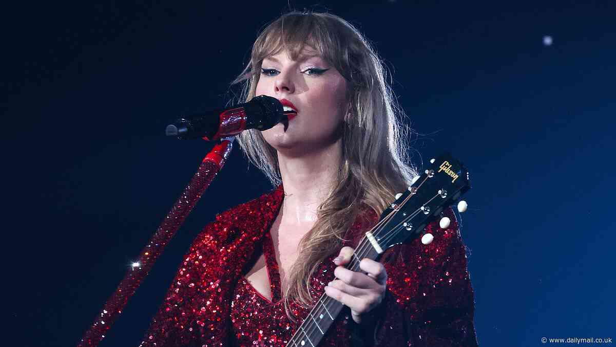Taylor Swift sparkles in a sequinned red cape and fishnet tights as she takes to the stage for a fourth night in Paris on her iconic Eras Tour