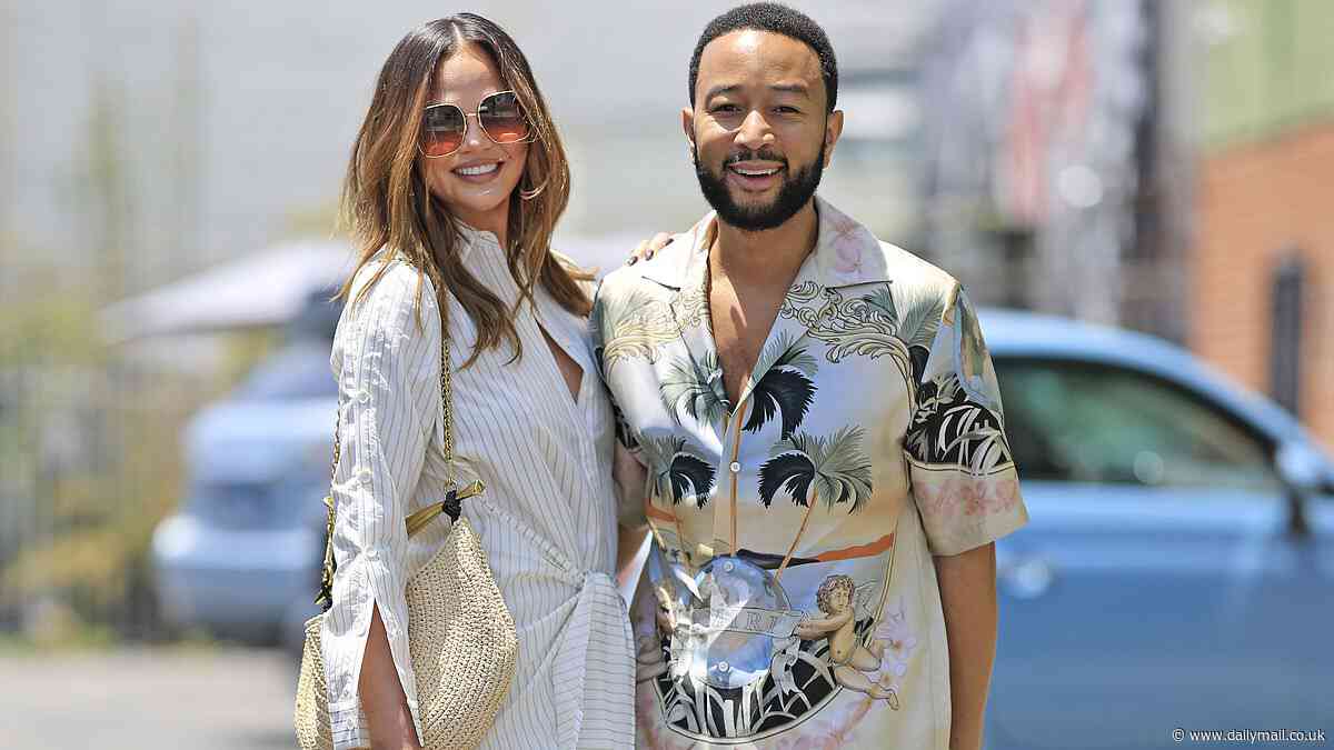 Chrissy Teigen gives leggy display in tiny shirt dress for Mother's Day as she and husband John Legend sell blankets to raise money at charity pop-up