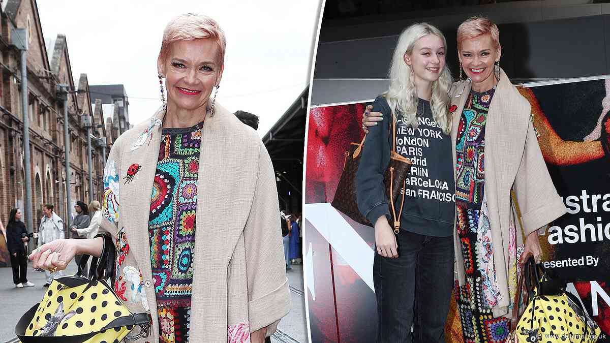 Jessica Rowe displays her quirky sense of style in a doily-inspired ensemble to support her model daughter Allegra, 17, as she makes her  Australian Fashion Week debut